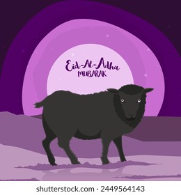 Vector cartoon of black Sheep on Desert background for Muslim Community, Festival of Sacrifice, Eid-Al-Adha Mubarak.