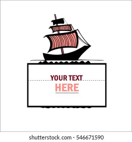 Vector cartoon black ship with pink striped sails and text frame