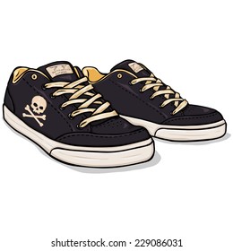 Vector Cartoon Black Skaters Shoes with Skull and Cross Bones