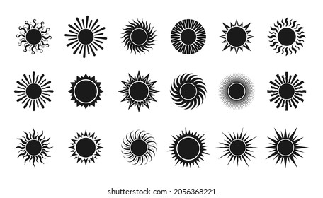 Vector cartoon black sun. Summer, sunlight, nature, sky. Vector illustration isolated on white background.