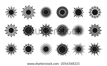Vector cartoon black sun. Summer, sunlight, nature, sky. Vector illustration isolated on white background.