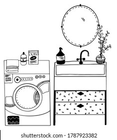 vector cartoon black and white design set of washer, wash basin with crates and mirror