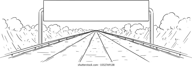 Vector cartoon black and white drawing illustration of forward going highway and big empty sign.