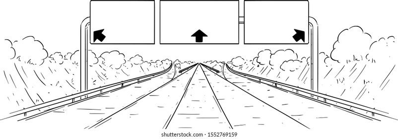 Vector cartoon black and white drawing illustration of forward going highway with branching, arrows and big empty sign.