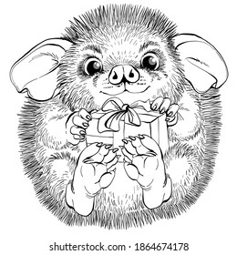 Vector cartoon. Black and white drawing of a cute funny hedgehog with a gift in his hands.