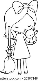 vector cartoon black and white girl with pet kitten cat