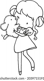 vector cartoon black and white girl with pet puppy