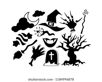 Vector Cartoon Black And White Halloween Elements Isolated