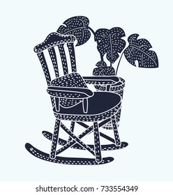 Vector cartoon black and white illustration of cozy rocking chair for modern living room. Monstera plant in pot behind. Isolated object on white background.