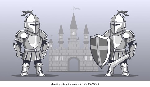 Vector cartoon black and white medieval knights in armor with sword and shield. Fairytale castle. Defense and protection. Historical royal warriors. Defenders and guards.