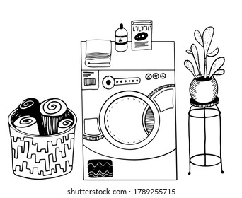 vector cartoon black and white washing machine with basket with clothes and cactus in the pot