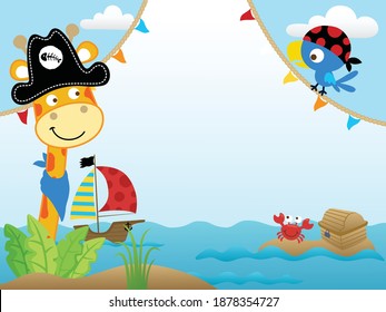 Vector cartoon of blank empty background template, funny giraffe with bird in pirate costume, pirate elements illustration