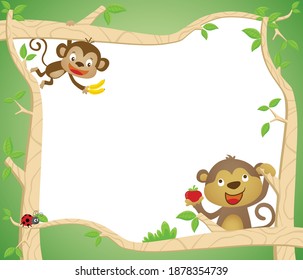 Vector cartoon of blank empty background template, two monkeys with fruits and ladybug
