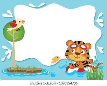 Vector cartoon of blank empty sign, tiger swimming using lifebuoy in river, bird on tree