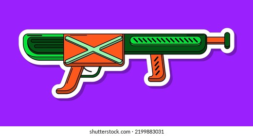 Vector Cartoon Blaster Sticker. Isolated Colorful Toy Weapon With White Contour. Futuristic Gun Design