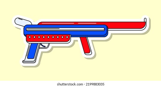 Vector Cartoon Blaster Sticker. Isolated Colorful Toy Weapon With White Contour. Futuristic Gun Design