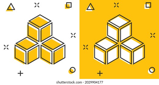 Vector cartoon blockchain technology icon in comic style. Cryptography cube block concept illustration pictogram. Blockchain algorithm business splash effect concept.