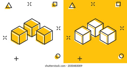 Vector cartoon blockchain technology icon in comic style. Cryptography cube block concept illustration pictogram. Blockchain algorithm business splash effect concept.