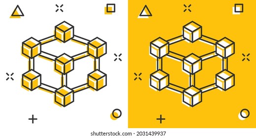 Vector cartoon blockchain technology icon in comic style. Cryptography cube block concept illustration pictogram. Blockchain algorithm business splash effect concept.