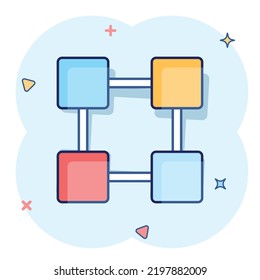 Vector cartoon blockchain technology icon in comic style. Cryptography cube block concept illustration pictogram. Blockchain algorithm business splash effect concept.