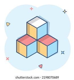 Vector Cartoon Blockchain Technology Icon In Comic Style. Cryptography Cube Block Concept Illustration Pictogram. Blockchain Algorithm Business Splash Effect Concept.