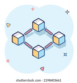 Vector cartoon blockchain technology icon in comic style. Cryptography cube block concept illustration pictogram. Blockchain algorithm business splash effect concept.