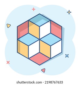 Vector cartoon blockchain technology icon in comic style. Cryptography cube block concept illustration pictogram. Blockchain algorithm business splash effect concept.