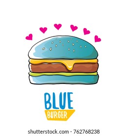 vector cartoon blue burger with cheese isolated on transparent background. Gourmet burger, hamburger, cheeseburger label design element. burger house logo menu concept