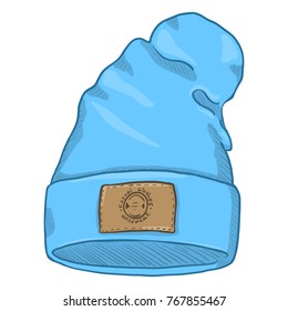 Vector Cartoon Blue Casual Textile Cap with Brown Leather Label.