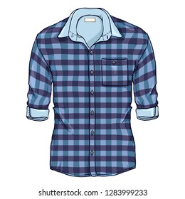 Vector Cartoon Blue Checkered Casual Men Shirt with Roll Up Sleeves