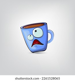 Vector cartoon blue coffee cup character with smiling face isolated on grey background. Funky Kawaii blue coffee mug character. Good morning and coffee day concept illustration