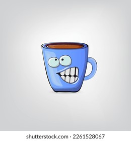 Vector cartoon blue coffee cup character with smiling face isolated on grey background. Funky Kawaii blue coffee mug character. Good morning and coffee day concept illustration