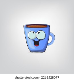 Vektor-Cartoon-blaue Kaffeetasse-Charakter mit lächelndem Gesicht einzeln auf grauem Hintergrund. Funky Kawaii blauer Kaffeebecher. Konzept des guten Morgens und des Kaffeetags - Illustration