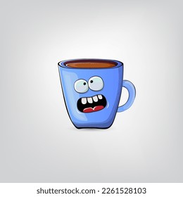 Vector cartoon blue coffee cup character with smiling face isolated on grey background. Funky Kawaii blue coffee mug character. Good morning and coffee day concept illustration