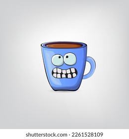 Vector cartoon blue coffee cup character with smiling face isolated on grey background. Funky Kawaii blue coffee mug character. Good morning and coffee day concept illustration