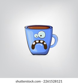 Vector cartoon blue coffee cup character with smiling face isolated on grey background. Funky Kawaii blue coffee mug character. Good morning and coffee day concept illustration