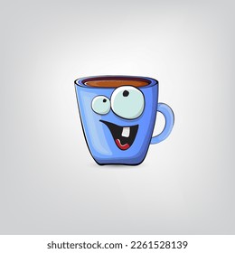 Vector cartoon blue coffee cup character with smiling face isolated on grey background. Funky Kawaii blue coffee mug character. Good morning and coffee day concept illustration