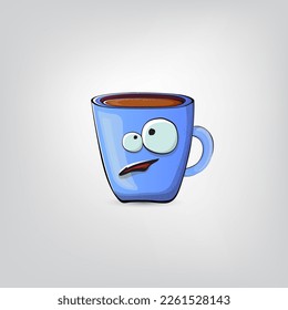 Vector cartoon blue coffee cup character with smiling face isolated on grey background. Funky Kawaii blue coffee mug character. Good morning and coffee day concept illustration