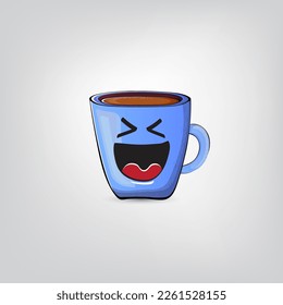 Vector cartoon blue coffee cup character with smiling face isolated on grey background. Funky Kawaii blue coffee mug character. Good morning and coffee day concept illustration