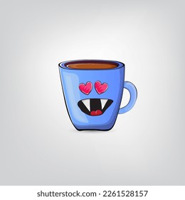 Vector cartoon blue coffee cup character with smiling face isolated on grey background. Funky Kawaii blue coffee mug character. Good morning and coffee day concept illustration