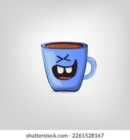 Vector cartoon blue coffee cup character with smiling face isolated on grey background. Funky Kawaii blue coffee mug character. Good morning and coffee day concept illustration