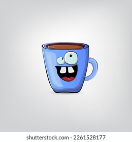 Vector cartoon blue coffee cup character with smiling face isolated on grey background. Funky Kawaii blue coffee mug character. Good morning and coffee day concept illustration