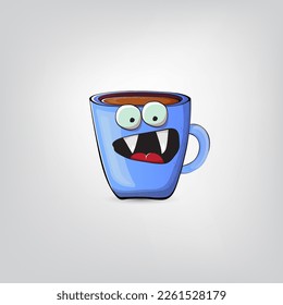 Vector cartoon blue coffee cup character with smiling face isolated on grey background. Funky Kawaii blue coffee mug character. Good morning and coffee day concept illustration