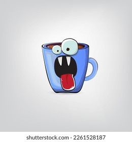 Caricatura vectorial personaje de la taza de café azul con cara sonriente aislada en fondo gris. Funky Kawaii, personaje de taquilla azul para café. Ilustración del concepto del buen día de la mañana y del café
