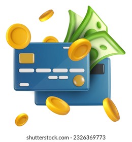 Vector cartoon blue credit card front and back view with paper money and coins in realistic style. Bright modern design element. Creative colorful 3d art illustration isolated on white background.