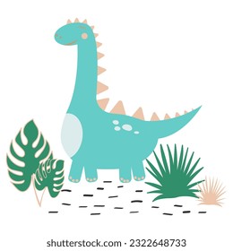 Videodibujos animados de dinosaurio azul sobre fondo blanco con elementos vegetales. Impresión sobre la ropa de los niños o para invitaciones a fiestas infantiles