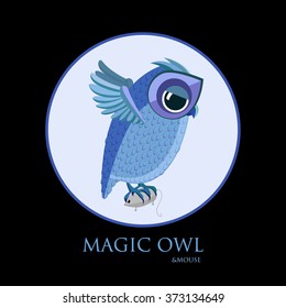 vector cartoon blue hunting owl and mouse