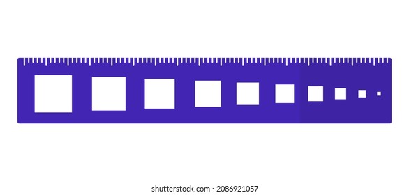 Vector cartoon blue rectangular ruler with squares of different diameters. Back to school.