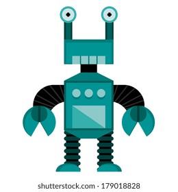 Vector Cartoon Blue Robot Isolated On White Background