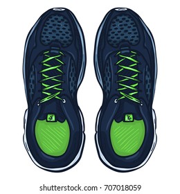 Vector Cartoon Blue Running Shoes. Top View.